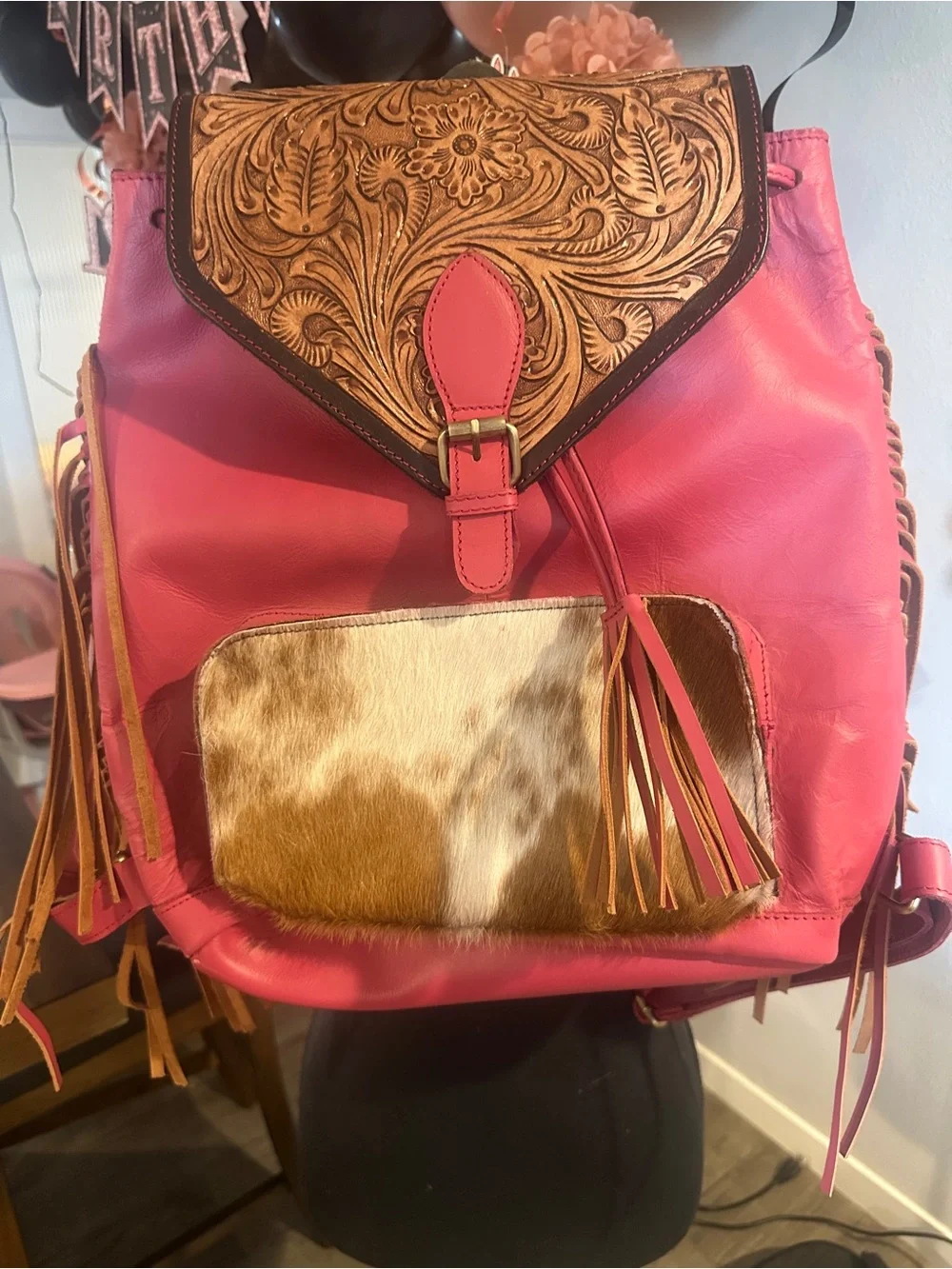 Pink Tooled Leather Flap Backpack with Haircalf Pocket